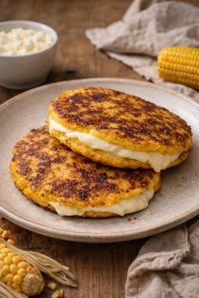 Arepas de choclo colombianas doradas con queso derretido servidas en un plato rústico de cerámica